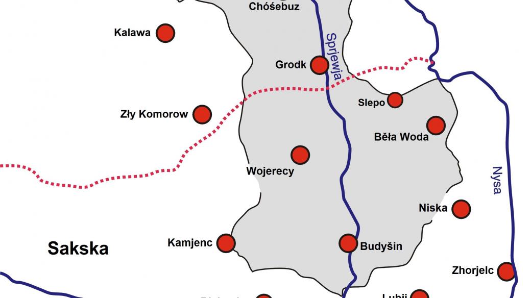 Území kde dnes žijí Lužičtí Srbové. Autoři mapky: Wolfgang Kotissek; Julian Nitzsche