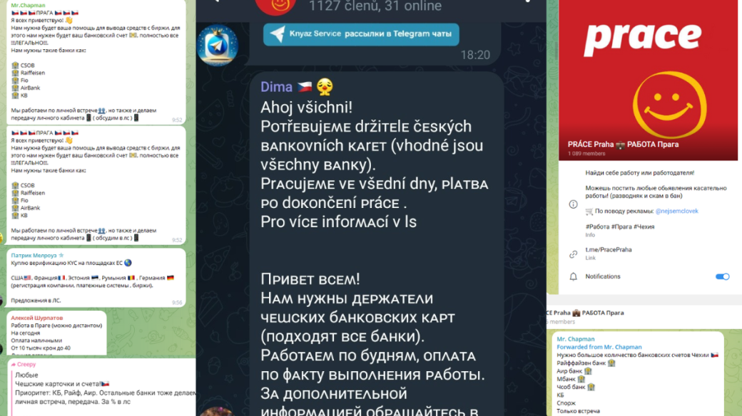 Ukázky z nabídek na propůjčení bankovních účtů a platebních karet na sociální síti Telegram