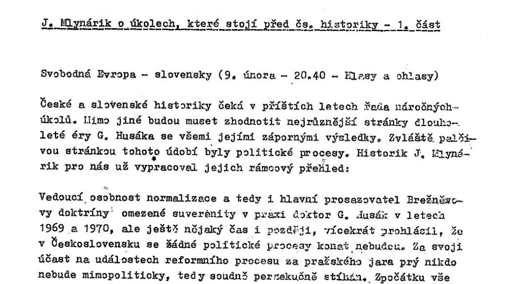 Československý monitoring vysílání Rádia Svobodná Evropa (Ján Mlynárik o úkolech historiků, 9. 2. 1990)