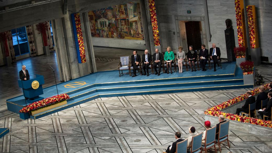 Ceremoniál předávání Nobelových cen (Thorbjoern Jagland holds a speech during The Nobel Peace Prize ceremony in Oslo)