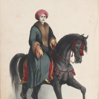 Lady Hester Stanhope (1776‒1839) na koni v mužském orientálním oblečení